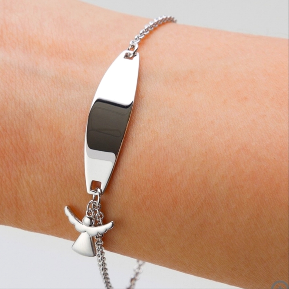 NWT sterling silver ID bracelet with angel charm engravable